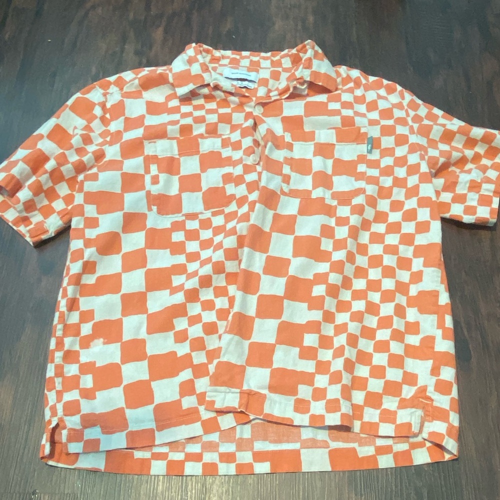 Urban Outfitters White and Orange Checkerboard Button Up